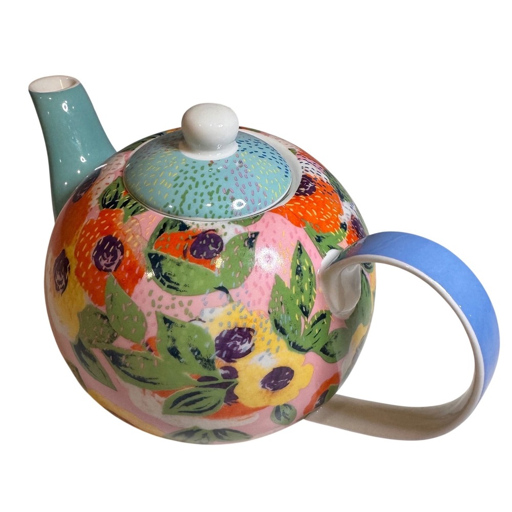 Oliver Bonas Floral Teapot Ceramic Pink Blue Orange Abstract Tea‎ Pot UK Design
